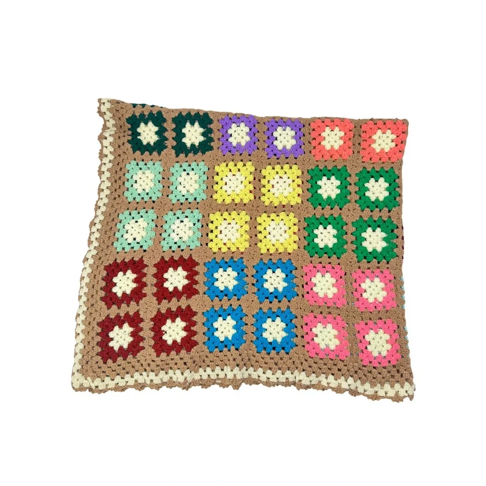 Vintage Granny Square Afghan Blanket Tan Multi Yarn Crochet Motifs Bordered
